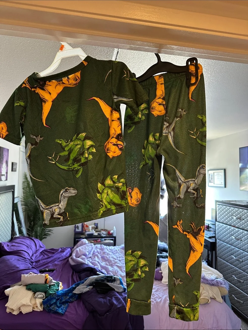 Kids Green Dinosaur Pajama Set with Yellow & Blue Dino Prints
